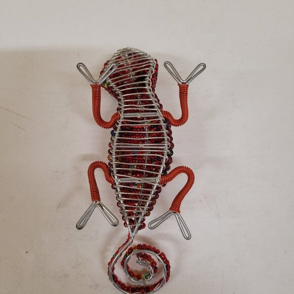 Red Beaded Wire Gecko Lizard Sculpture 5.5'' Long Chameleon Folk Are Figurine - Picture 5 of 8